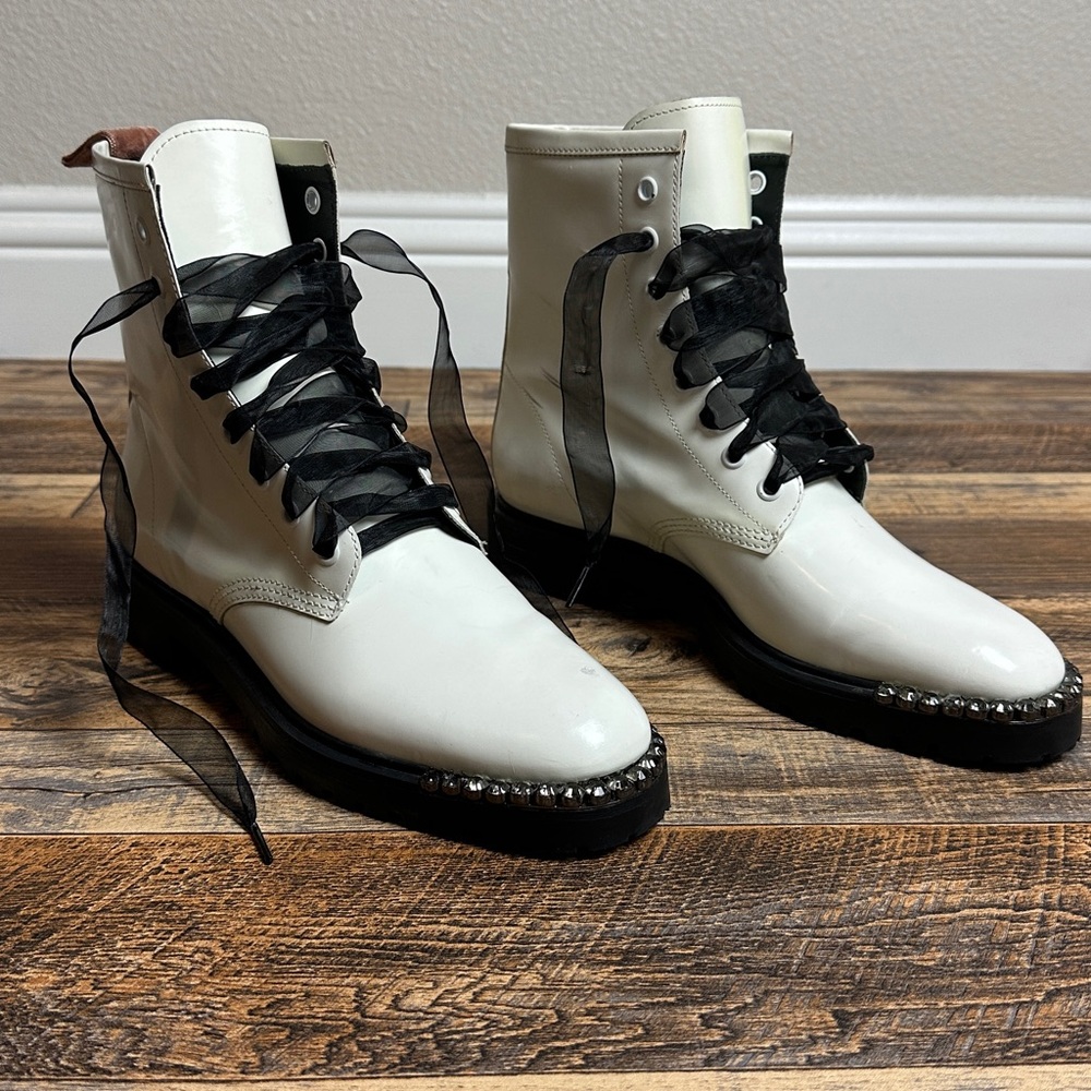 SCHUTZ Turmalina White Crystal-Embellished Lace Up Combat Boots
